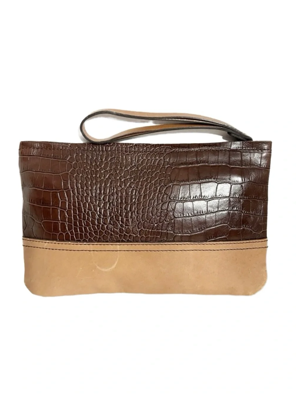 Banana Republic Two Toned Fully Lined Leather Wristlet Croc Embossed Stripe